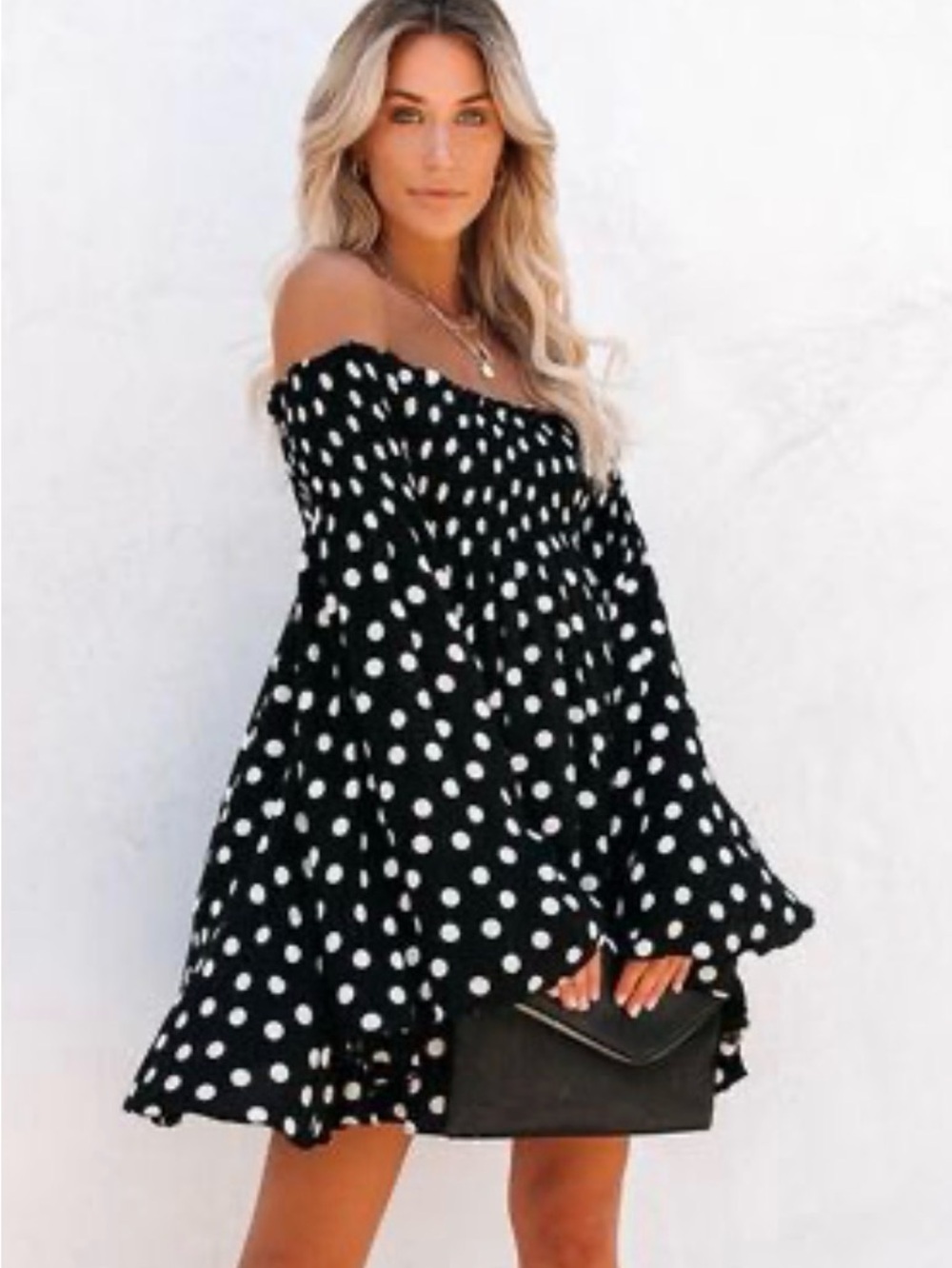 Vici Black and White Polka Dot One-Shoulder Swing Dress